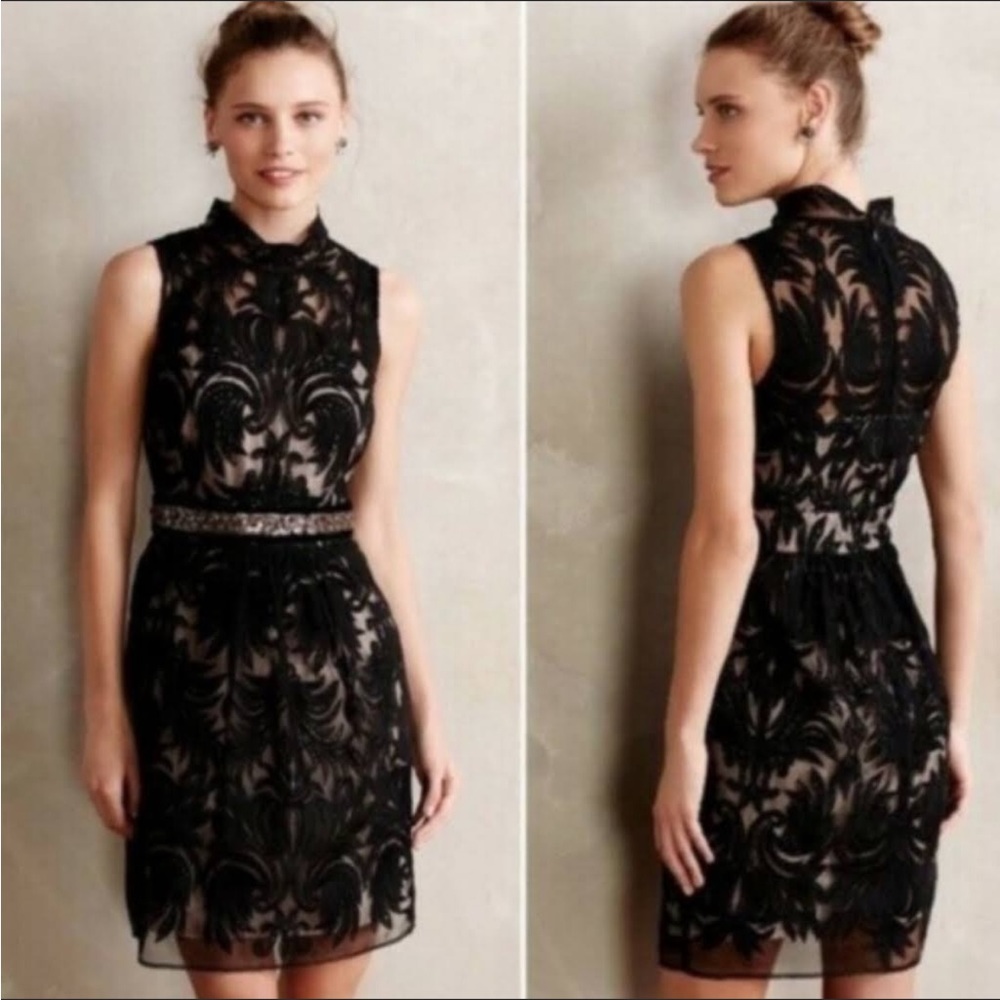 Anthropologie Baraschi lace fitted black dress size 6